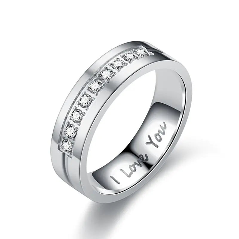 Titanium Steel Couple Ring with I LOVE YOU Diamond Ornament