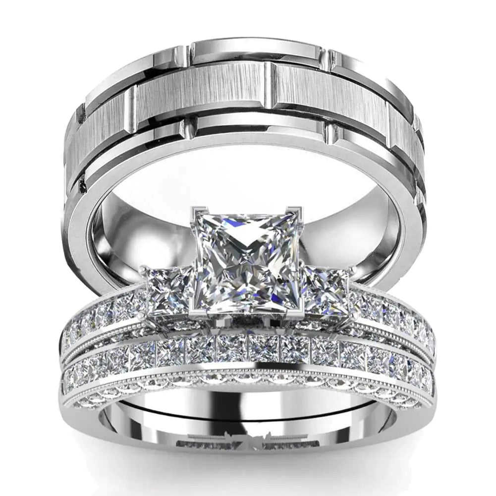 His Hers Wedding Ring Sets Couples Matching Rings Womens 10k White Gold Filled Square CZ Wedding Engagement Ring Bridal Sets & Mens Tungsten Carbide Wedding Band