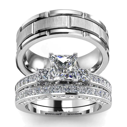 His Hers Wedding Ring Sets Couples Matching Rings Womens 10k White Gold Filled Square CZ Wedding Engagement Ring Bridal Sets & Mens Tungsten Carbide Wedding Band