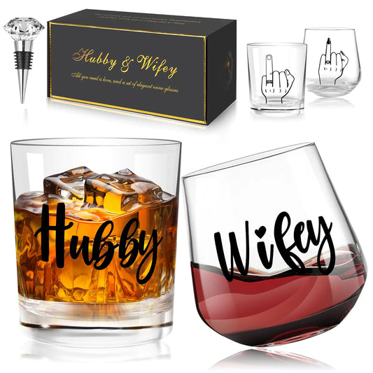Wedding Gift for Couples Hubby & Wifey Wine Glasses Engagement Gift for Couples Bridal Shower Gifts Ring Finger Wedding Wine Glasses with Diamond Wine Stopper for Newlywed Anniversary Couples